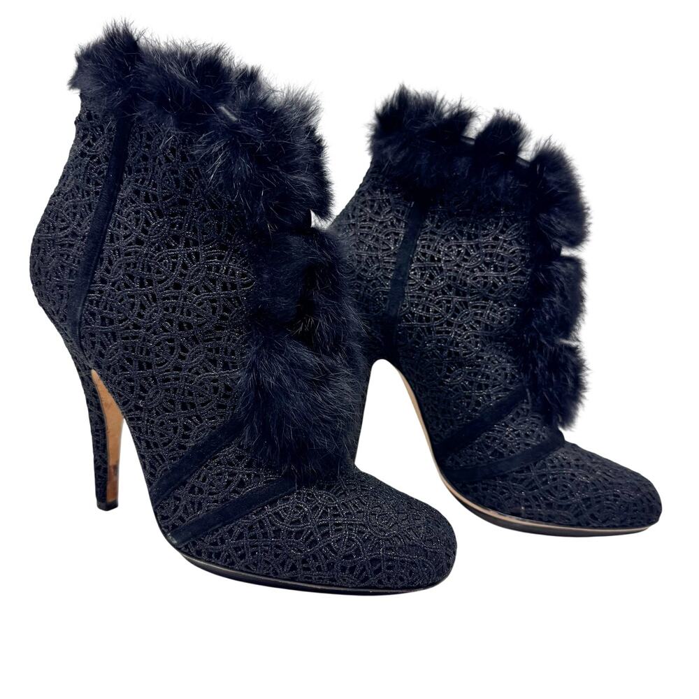 Christian Dior Fur Trim Ankle Boots Black Textured Stiletto Booties 40